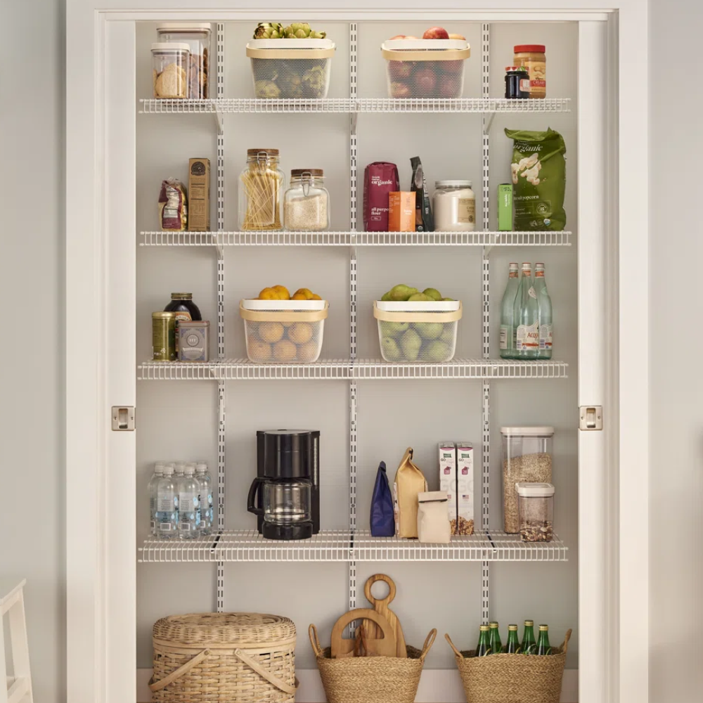 Pantry with metal shelves with food and kitchen essentials on them