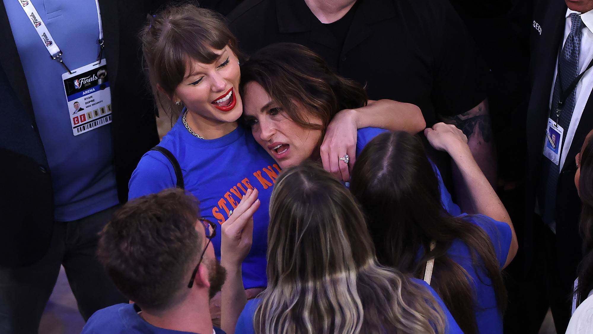 Taylor Swift and Mariska Hargitay react after Game Four of the 2026 NBA Finals between the San Antonio Spurs and the New York Knicks at Madison Square Garden on June 10, 2026 in New York City.
