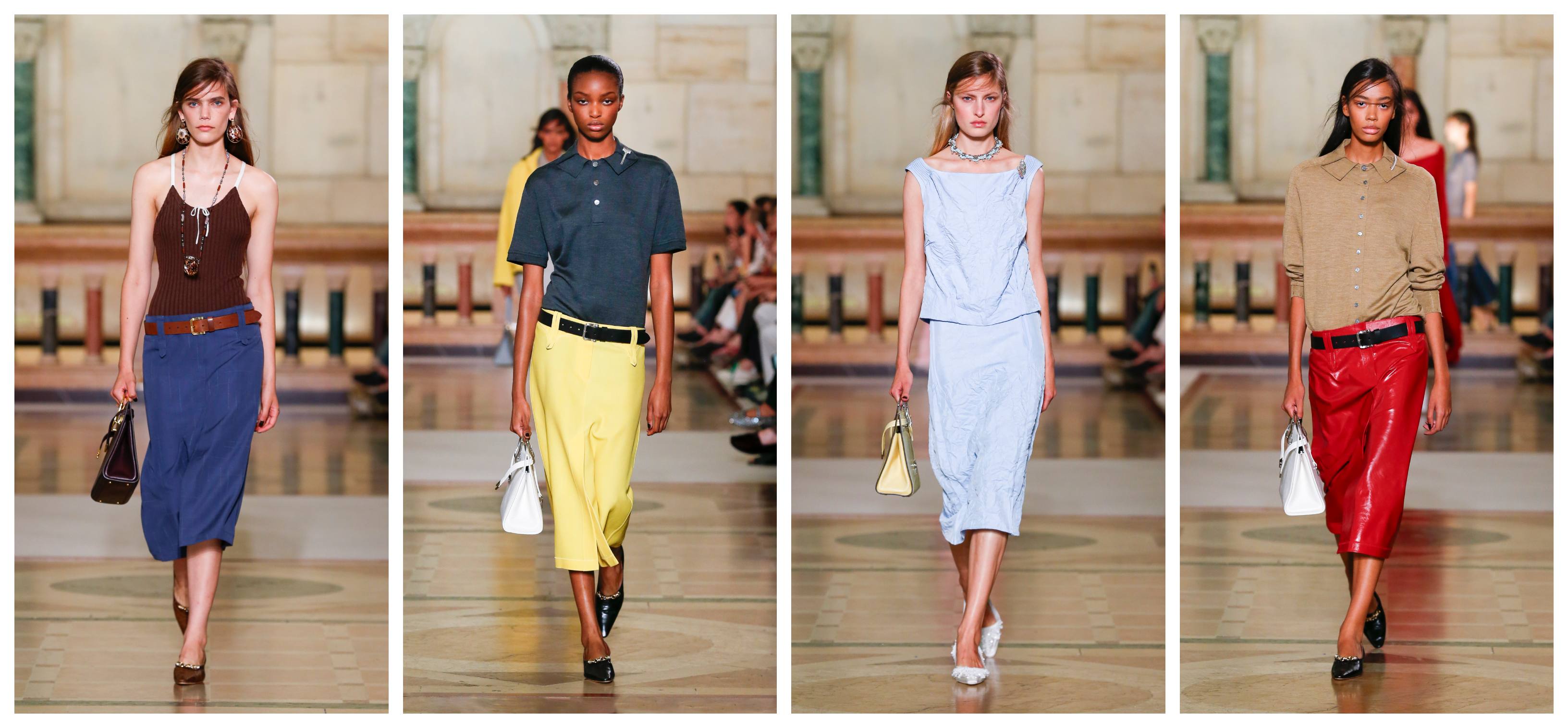 models carry the new tory burch lee radziwill bags on the spring 2026 fashion show runway