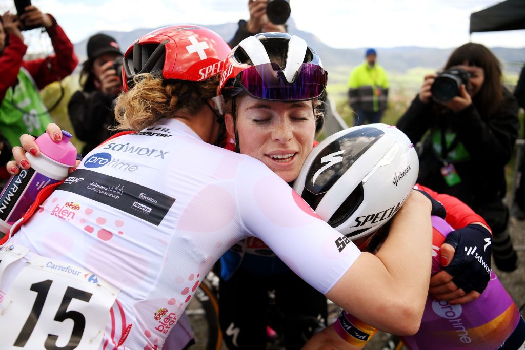 JACA SPAIN MAY 02 LR Marlen Reusser of Switzerland Most Combative Rider Jersey stage winner Demi Vollering of The Netherlands and Niamh FisherBlack of New Zealand and Team SD Worx Protime react after the 10th La Vuelta Femenina 2024 Stage 5 a 1139km stage from Huesca to Alto del Fuerte Rapitan Jaca 1103m UCIWWT on May 02 2024 in Jaca Spain Photo by Alex BroadwayGetty Images