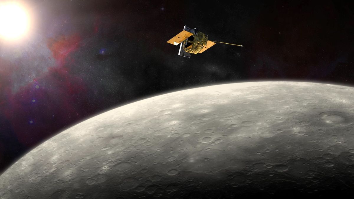 A grey sphere with a silver and gold spacecraft over it