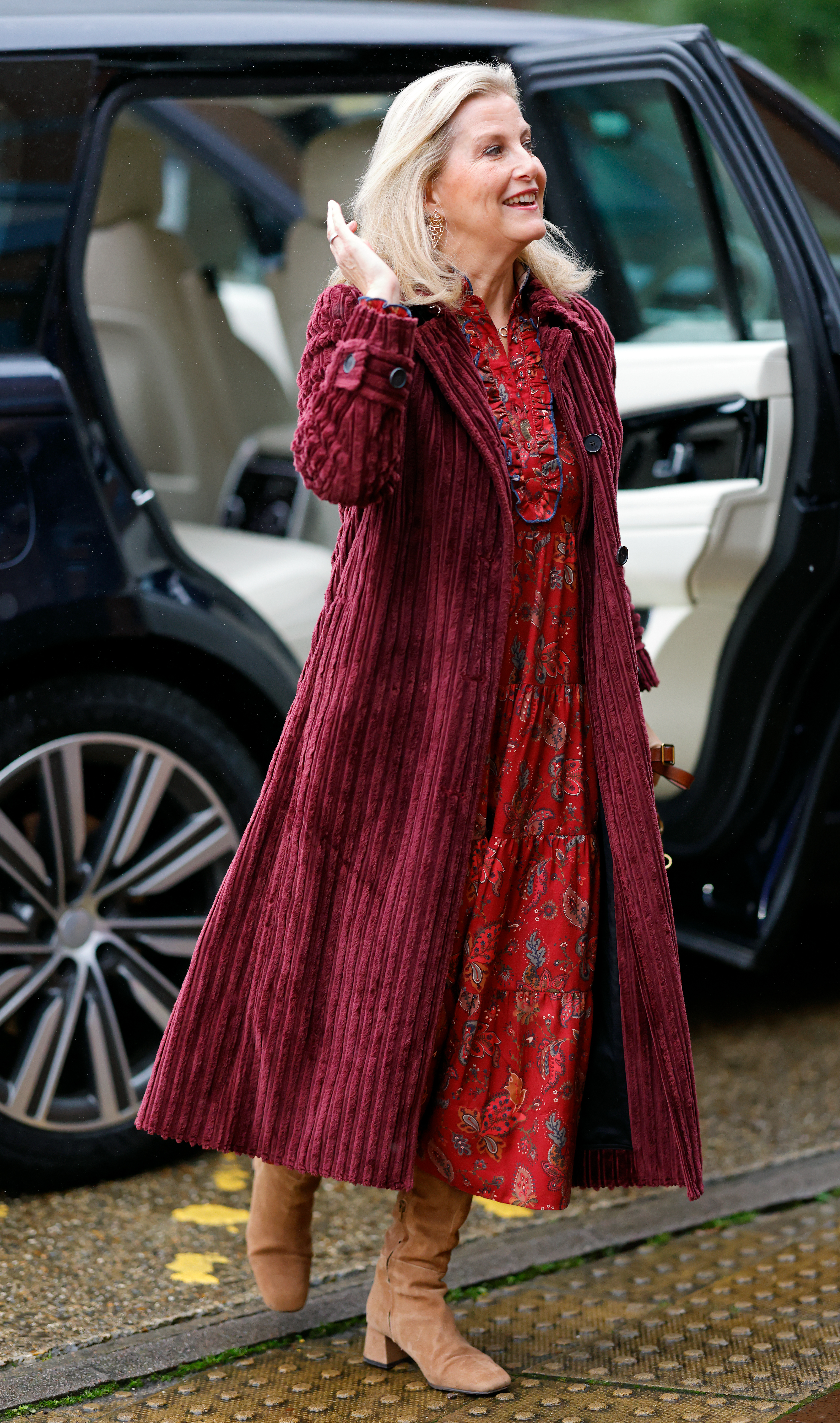 duchess sophie wearing floral maxi dress and brown suede boots on 18 December 2025