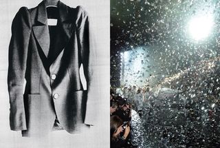 The first jacket from 1989's premier SS collection, Margiela staff members walking under a confetti of silver snow in celebration of 2009's 20th anniversary