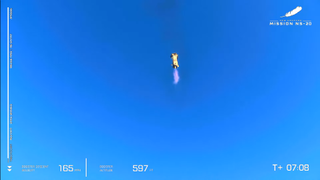 The NS-20 booster returning to Earth.