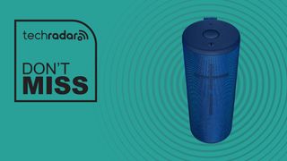 Ultimate Ears Megaboom 3 speaker against cyan background with words 'TechRadar - don't miss' positioned to the left of the product