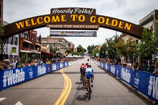 One of the early breakaway groups passes through the start/finish area in downtown Golden on stage 3 of the Colorado Classic on August 24, 2019 in Golden, Colorado.