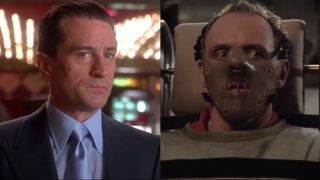 Robert De Niro in Casino/Anthony Hopkins in a straight jacket as Hannibal Lector in Silence of the Lambs (side by side)