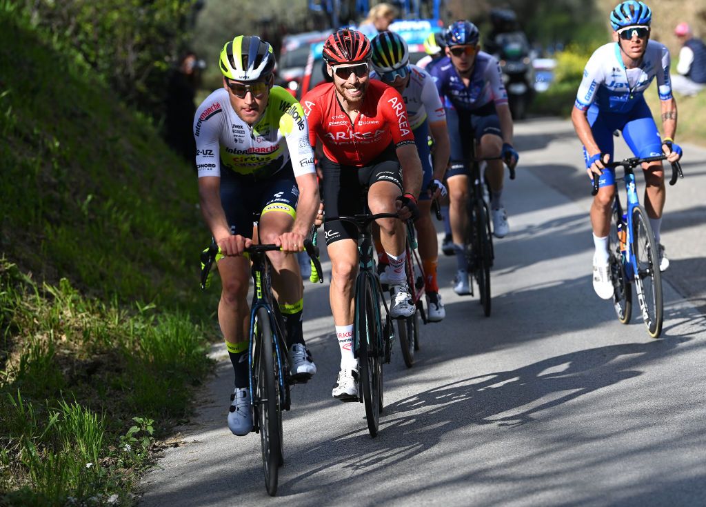OSIMO ITALY MARCH 11 LR Mike Teunissen of The Netherlands and Team Intermarch Circus Wanty and Clment Russo of France and Team Arka Samsic compete in the breakaway during the 58th TirrenoAdriatico 2023 Stage 6 a 193km stage from Osimo Stazione to Osimo 252m UCIWT TirrenoAdriatico on March 11 2023 in Osimo Italy Photo by Tim de WaeleGetty Images