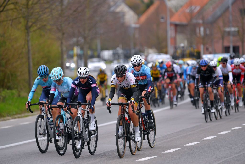 OUDENAARDE BELGIUM APRIL 04 Marijke De Smedt of Belgium and Team Multum Accountants Lsk Ladies CT Kelly Van Den Steen of Belgium and Team Bingoal Casino Chevalmeire during the 18th Ronde van Vlaanderen Tour of Flanders 2021 Womens Elite a 1524km race frim Oudenaarde to Oudenaarde Breakaway RVV21 rondevanvlaanderen tourofflanders UCIWWT on April 04 2021 in Oudenaarde Belgium Photo by Luc ClaessenGetty Images