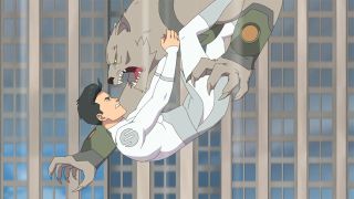 Wolf-Man battling a multiversal Invincible in the air in Invincible season 3 episode 7