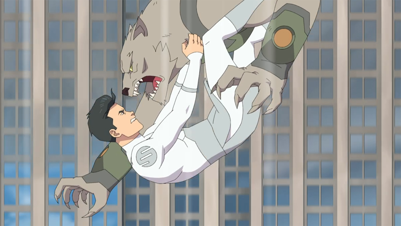 Wolf-Man battling a multiversal Invincible in the air in Invincible season 3 episode 7