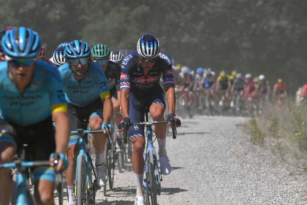 SIENA ITALY AUGUST 01 Mathieu Van der Poel of The Netherlands and Team AlpecinFenix during the Eroica 14th Strade Bianche 2020 Men a 184km race from Siena to SienaPiazza del Campo StradeBianche on August 01 2020 in Siena Italy Photo by Tim de WaeleGetty Images