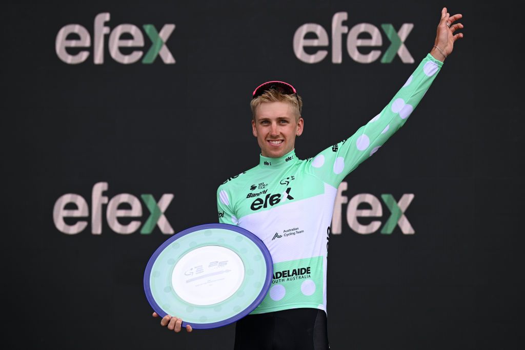 ADELAIDE AUSTRALIA JANUARY 26 Fergus Browning of Australia and ARA Australian Cycling Team Polka Dot Mountain Jersey celebrates at podium during the 25th Santos Tour Down Under 2025 Stage 6 a 90km stage from Adelaide to Adelaide UCIWT on January 26 2025 in Adelaide Australia Photo by Dario BelingheriGetty Images