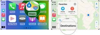 To search for specific locations with Maps and CarPlay, tap on the Maps button in CarPlay, then choose Destinations