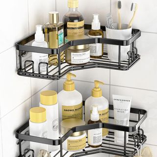 black corner shower caddy with products