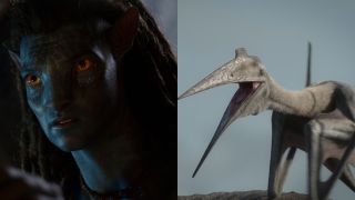 Jake Sully from Avatar: The Way of Water and a Quetzalcoatlus from Prehistoric Planet 2, pictured side by side