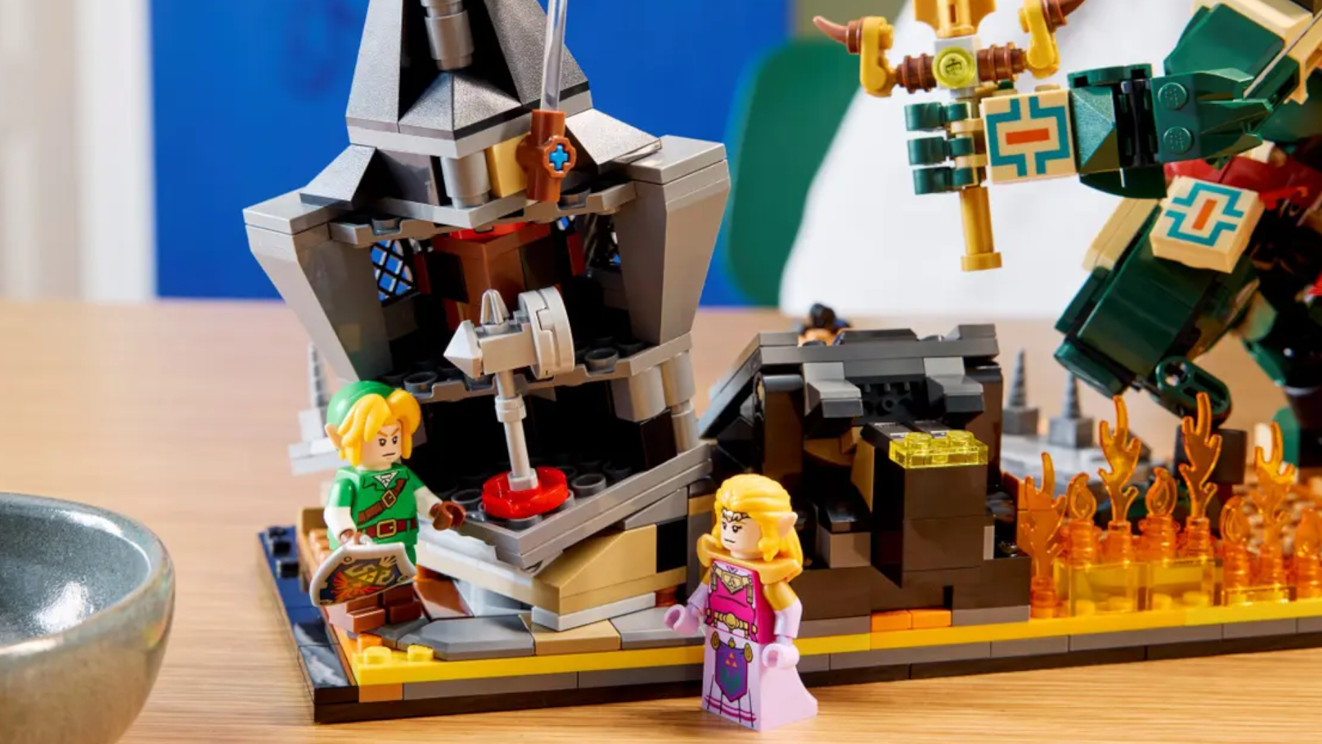 The Lego Ocarina of Time - The Final Battle set and figures laid out on a wooden table