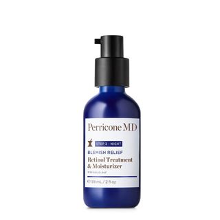 A 59ml Perricone MD Blemish Relief Retinol Treatment and Moisturiser in a dark blue pump bottle and white labeling.