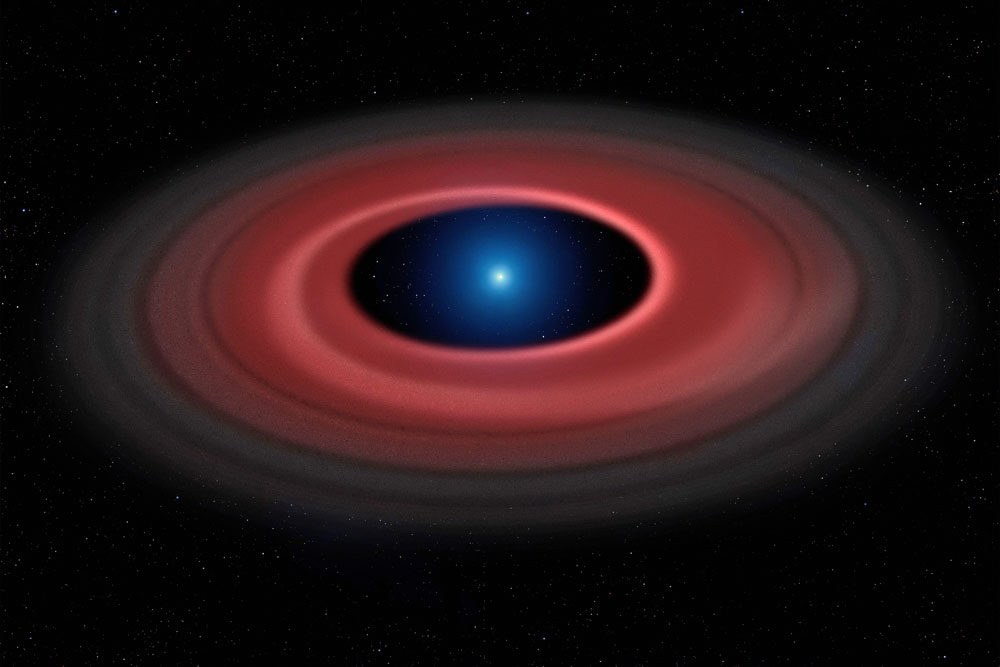 A white dwarf's gravitational pull tears apart an asteroid that approached too close, creating a ring of dust particles and debris, in this artist's impression. Researchers have imaged gas orbiting an Earth-size white dwarf, SDSS J1228+1040, over the course of 12 years.