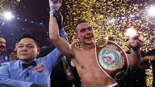 Tim Tszyu celebrates victory in the WBO super-welterweight interim world title fight between Tim Tszyu and Tony Harrison.