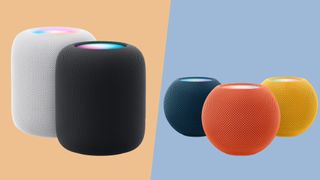HomePod 2 on the left, HomePod mini on the right, showing how much smaller the mini is