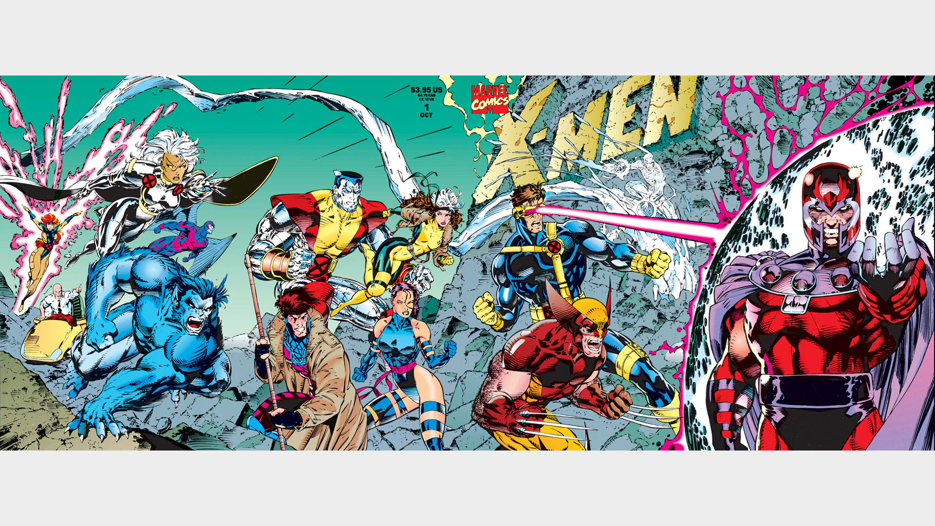 The '90s X-Men including Cyclops, Wolverine, Psylocke, Rogue, Gambit, Colossus, Beast, Archangel, Storm, Jean Grey, and Professor X rushing into battle against Magneto, who is surrounded by a forcefield