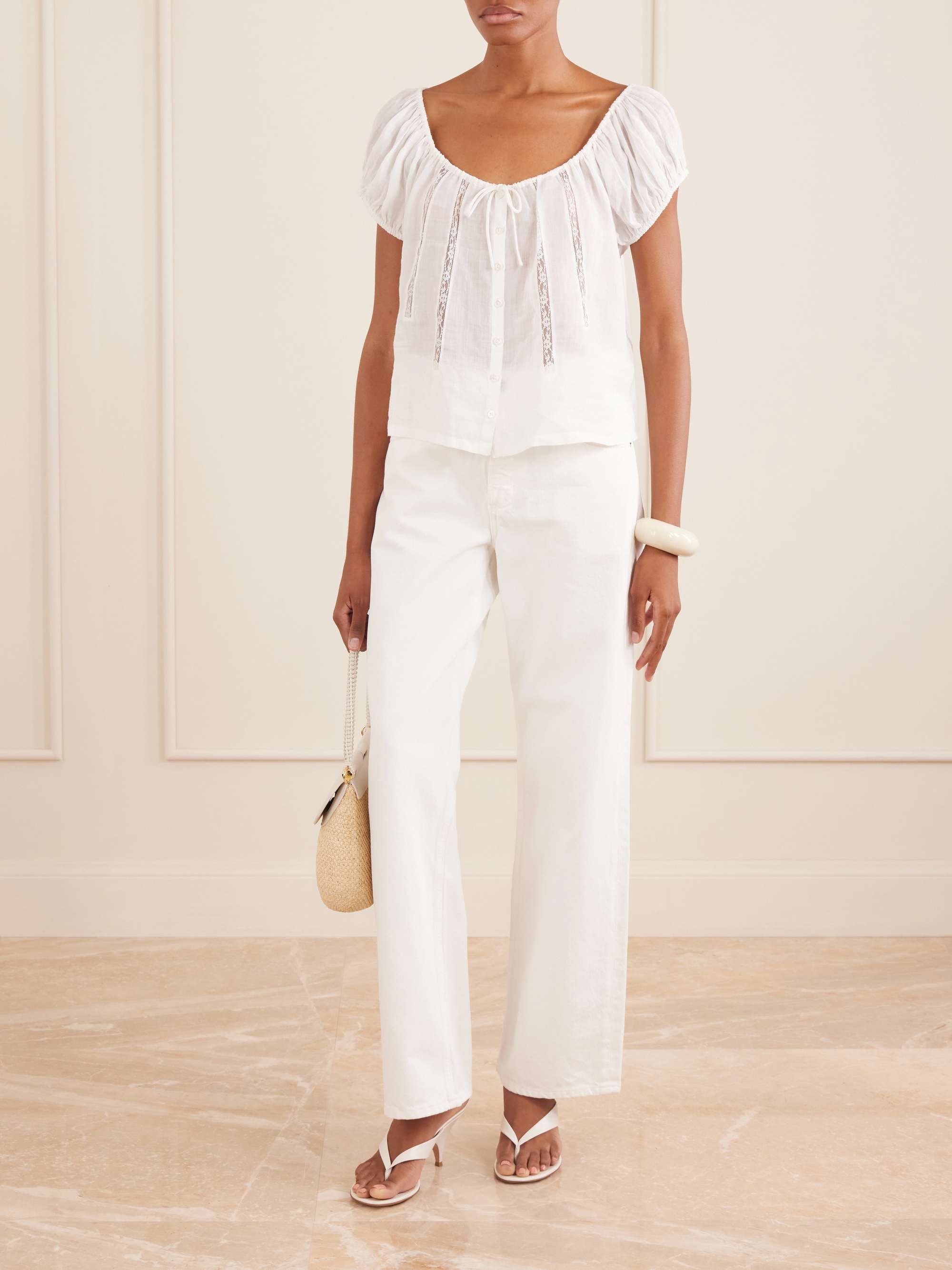 Tatev Tie-Detailed Lace-Trimmed Ramie Blouse