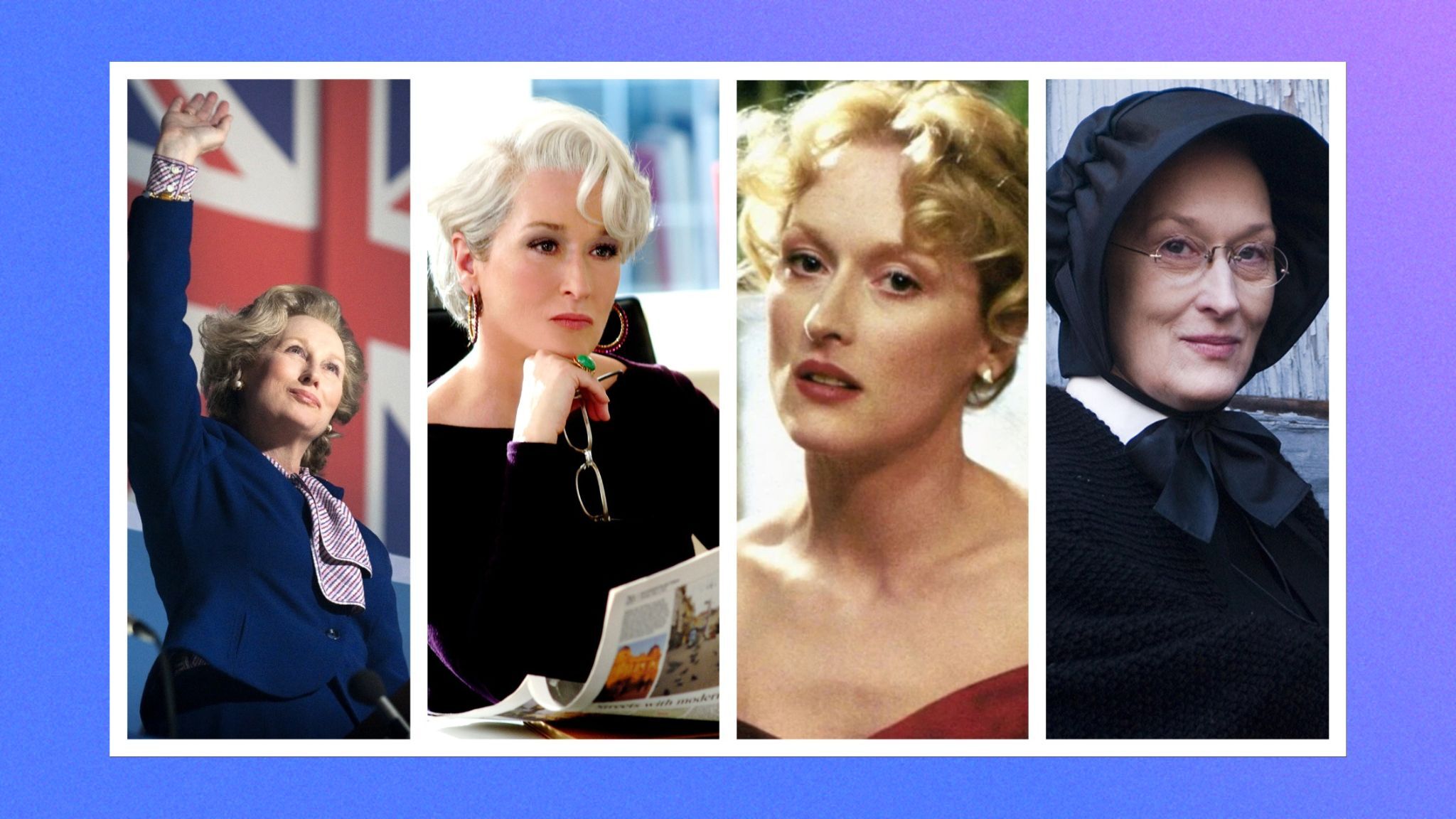 an image of four stills of Meryl Streep in different films, including The Iron Lady, Devil Wears Prada, and Doubt