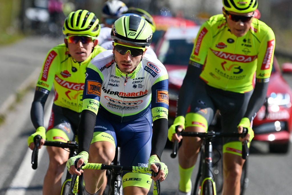 Intermarche WantyGobert Materiauxs Italian cyclist Lorenzo Rota rides during the LiegeBastogneLiege one day cycling race from Liege to Liege on April 25 2021 Belgium OUT Photo by ERIC LALMAND Belga AFP Belgium OUT Photo by ERIC LALMANDBelgaAFP via Getty Images