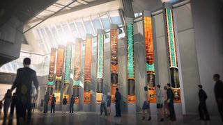 The North and South Concourse Portals, comprised of ten interactive 28-foot-tall columns made up of six Planar LCD panels each, continually change to reflect the movement of passengers as they walk by.