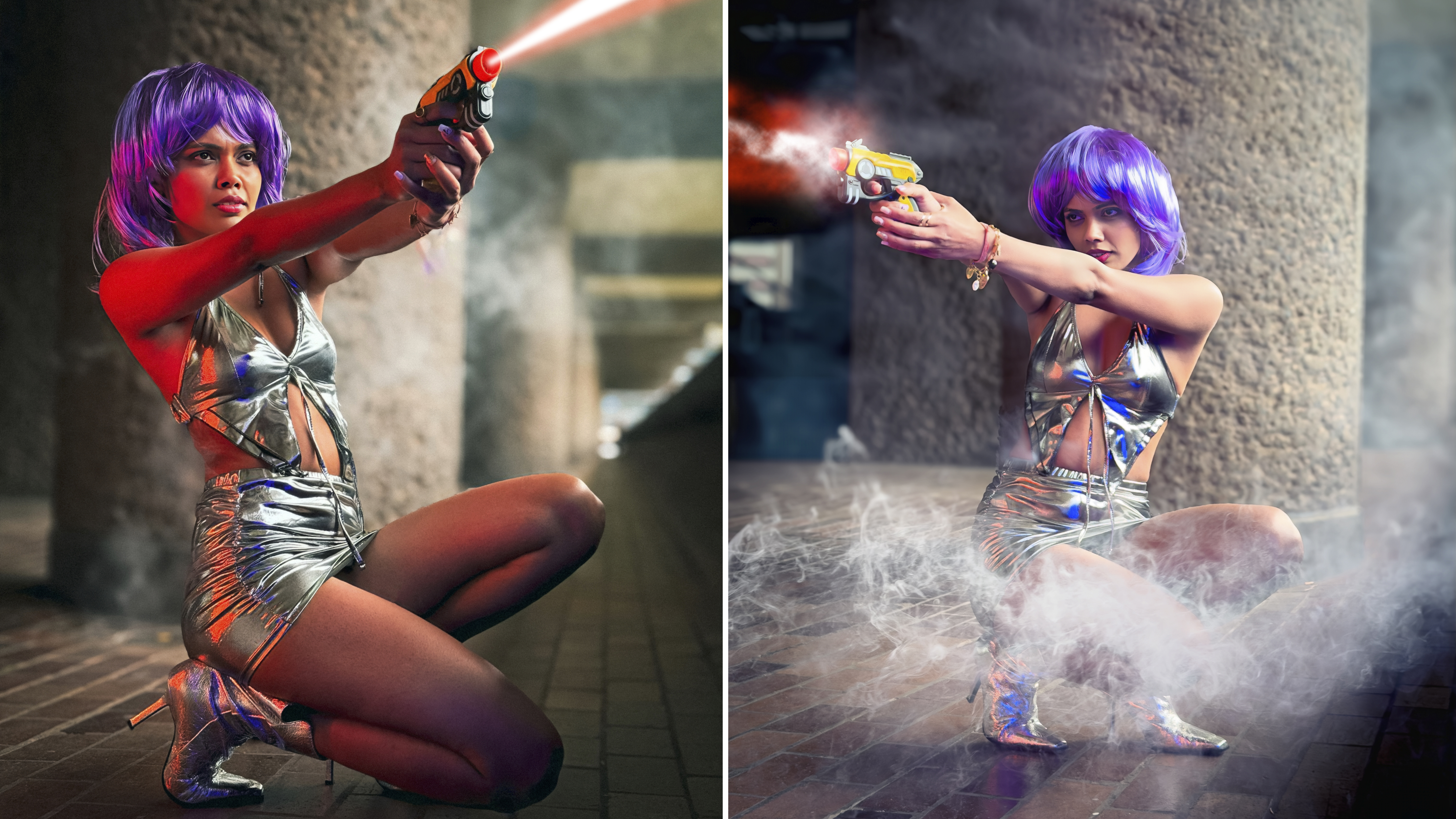 Side-by-side shots. On the left, there’s a subtle hint of fog making the colours and tones in the background look more diffuse. On the right, a stronger concentration of fog fills the lower half of the frame as a model fires her ray gun