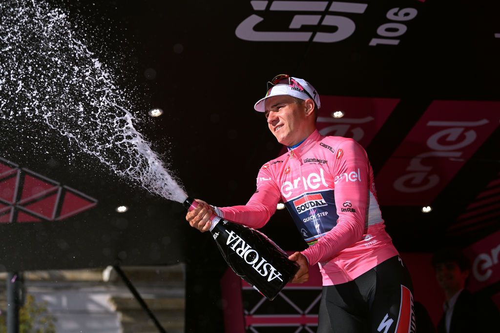 ORTONA ITALY MAY 06 Remco Evenepoel of Belgium and Team Soudal Quick Step celebrates at podium as Pink Leader Jersey winner during the 106th Giro dItalia 2023 Stage 1 a 196km individual time trial from Fossacesia Marina to Ortona UCIWT on May 06 2023 in Ortona Italy Photo by Tim de WaeleGetty Images