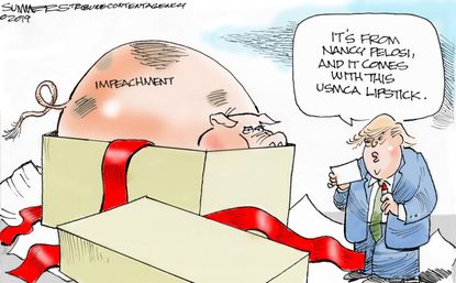 Political Cartoon U.S. Trump Impeachment Pelosi Present Pig USMCA