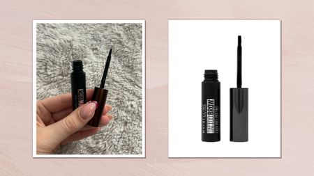 Colllage of our beauty writer, Sennen, holding the Maybelline Tattoo Brow open and a product image of Maybelline Tattoo Brow, on a light pink background