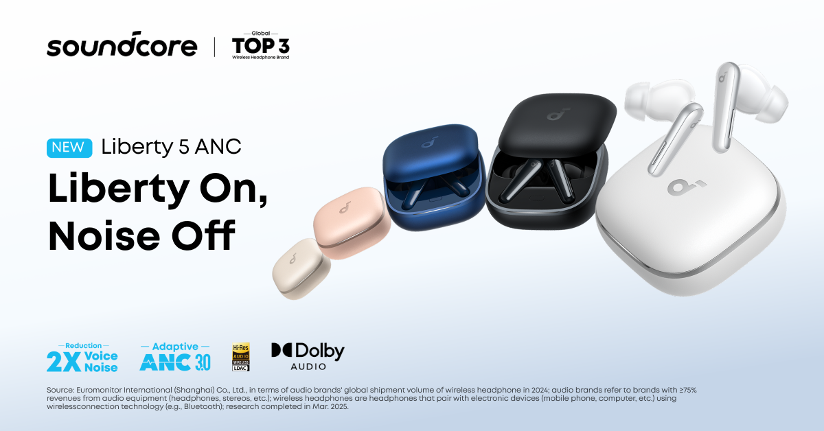 A promotional image of the Soundcore Liberty 5 headphones, showcasing the five different colours that are available.