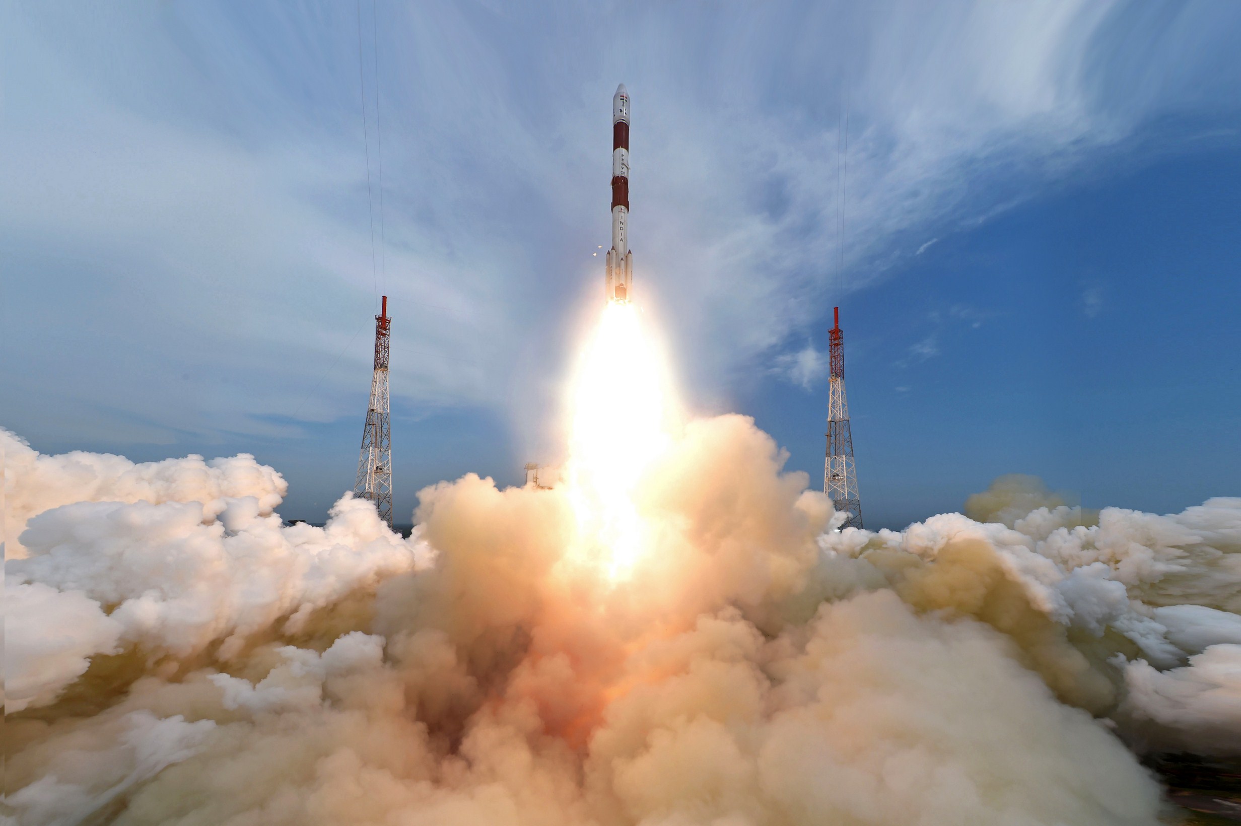 An Indian Polar Satellite Launch Vehicle rocket blasts off from the country&#039;s Satish Dhawan Space Centre on Sept. 26, 2016.