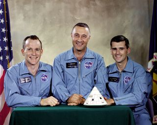 On Jan. 27, 1967, NASA experienced its first space disaster - the deaths of three astronauts during a training excercise for the Apollo 1 mission. Pictured are the three Apollo 1 prime crewmembers intended for the first manned Apollo space flight: (L to R) Edward H. White II, Virgil I. "Gus" Grissom, and Roger B. Chaffee. A fire inside the Apollo Command Module during a test took the lives of all three astronauts. NASA had not experienced a disaster of this magnitude previously.