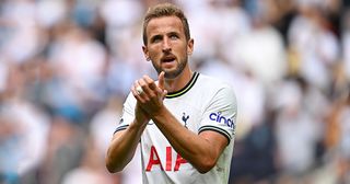 Manchester United star Harry Kane applauds the fans during the Premier League match between Tottenham Hotspur and Wolverhampton Wanderers at Tottenham Hotspur Stadium on August 20, 2022 in London, England.
