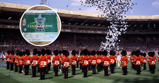 The Scots Guard brass band play on the pitch at Wembley Stadium before the 1998 FA Cup Final Arsenal vs Newcastle