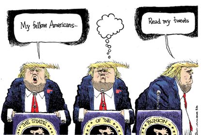 Political Cartoon U.S. Trump Read my tweets&nbsp;