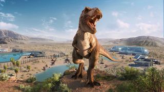 A t-rex roaring in a desert
