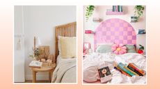 Two small bedroom ideas on a peach gradient. The left one has white walls, textured cream bedding and wooden furniture, and the right one has a painted checkered pink and puple headboard and flower shaped pillows