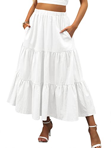 Anrabess Women’s Summer Boho Flowy Swing Tiered A-Line Maxi Skirt 2025 Fashion Trendy Elastic Waist Pleated Long Beach Dress With Pockets White Large