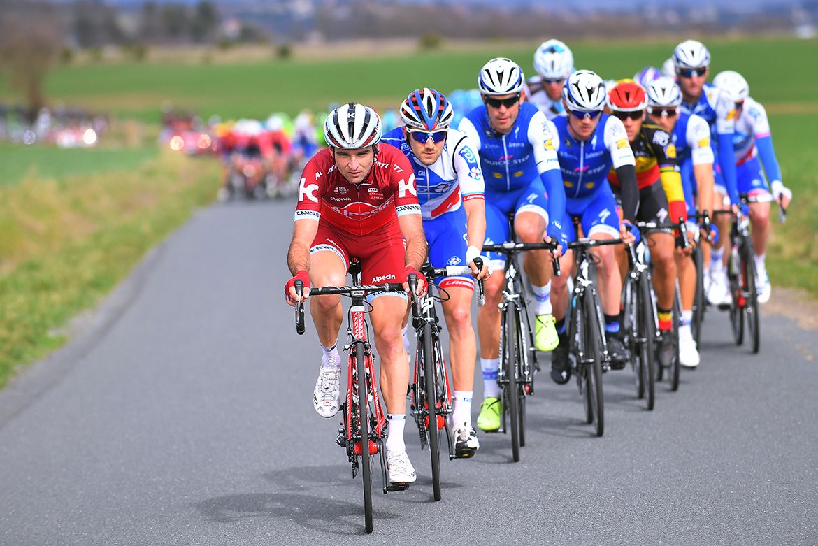 Baptiste Planckaert leads the peloton on stage 5 of Paris-Nice.