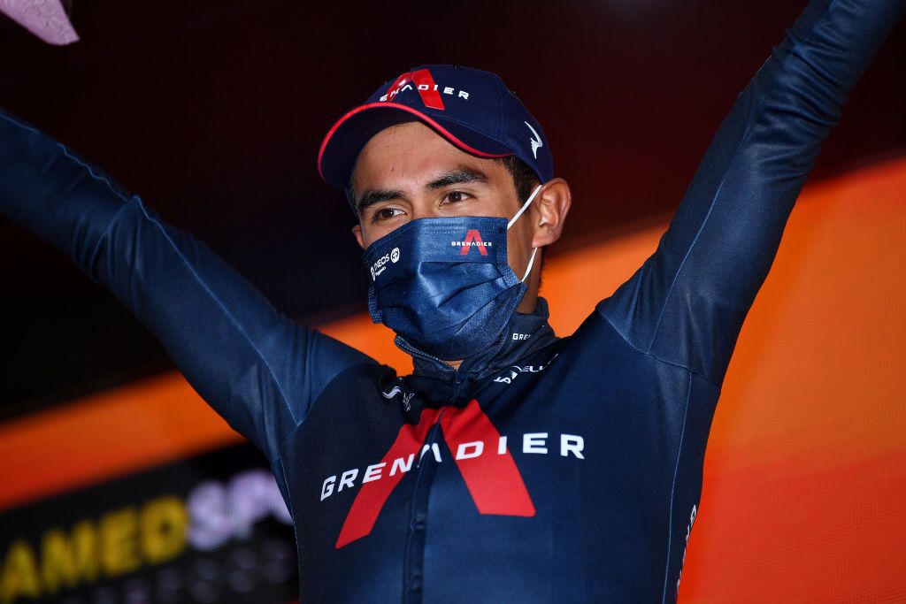 CESENATICO ITALY OCTOBER 15 Podium Jhonnatan Narvaez Prado of Ecuador and Team INEOS Grenadiers Celebration Mask Covid safety measures during the 103rd Giro dItalia 2020 Stage Twelve a 204km stage from Cesenatico to Cesenatico girodiitalia Giro on October 15 2020 in Cesenatico Italy Photo by Tim de WaeleGetty Images