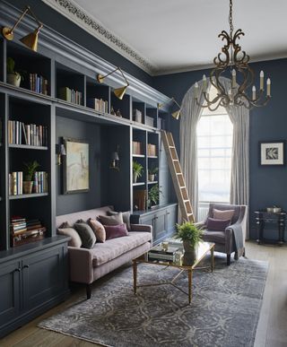 Library/bookcase styling with couch by Sims Hilditch