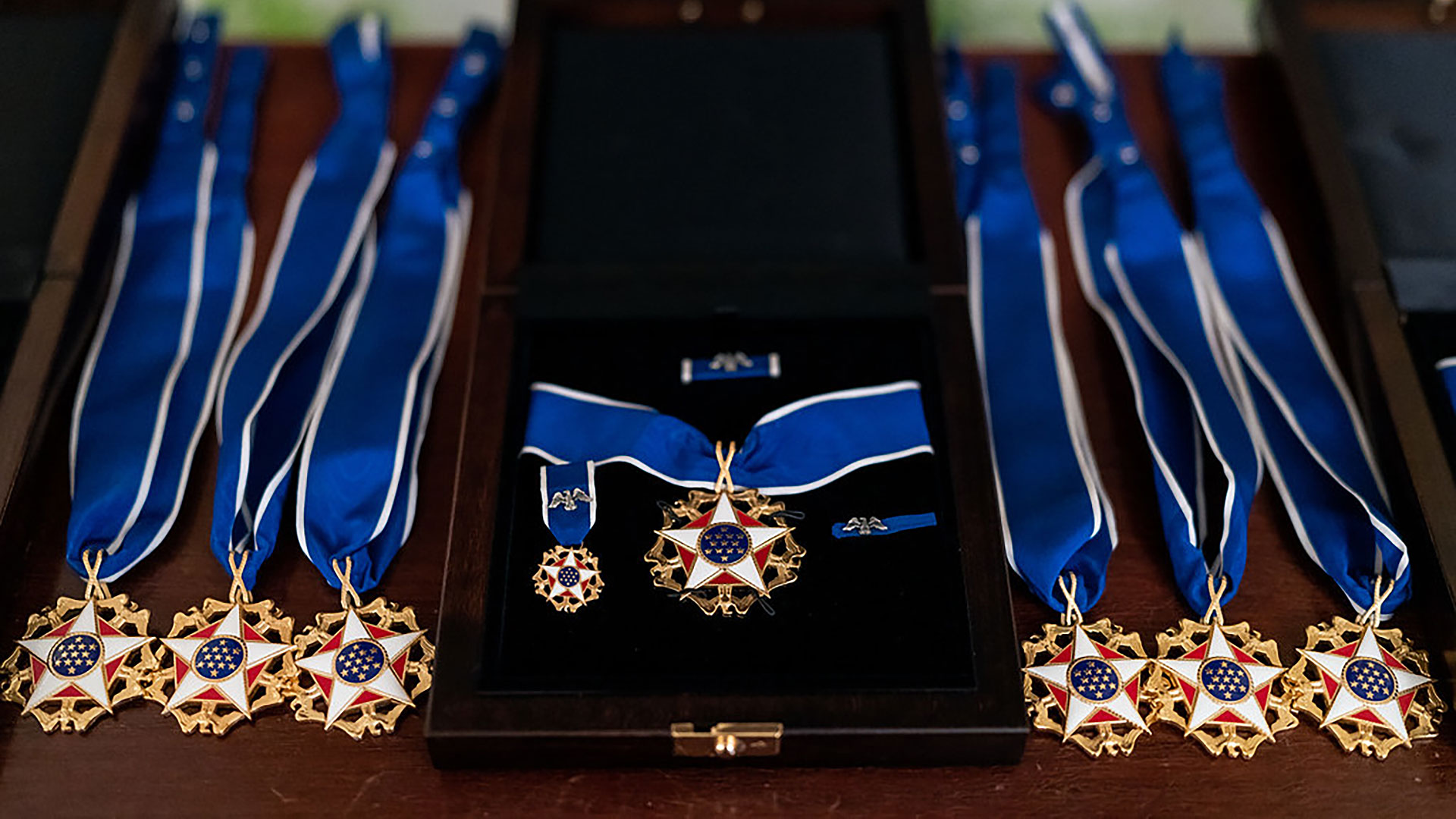 closeup view of seven gold, white and red medals attached to blue straps