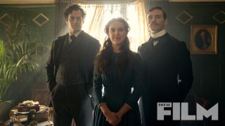Millie Bobby Brown, Henry Cavill and Sam Claflin in Enola Holmes.
