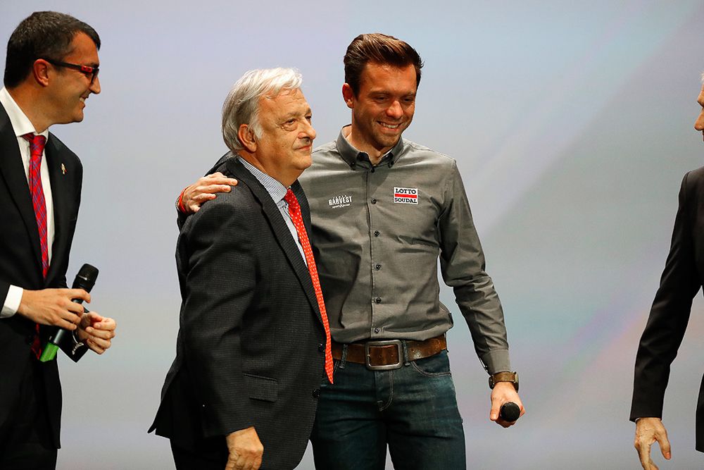 Kris Boeckmans on stage at the Vuelta route presentation