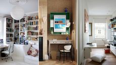 Small home office lighting ideas elevated these gorgeous spaces. Here are three pictures of home offices - one white one with a bookshelf and natural light pouring in, one brown one with a desk and lamp fixed to wall, and another white one with a round pendant ceiling light